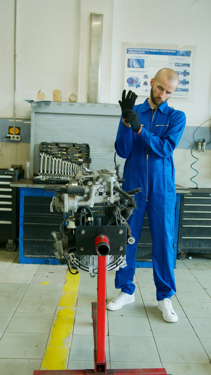 creative-01 Mechanic in blue overalls adjusting gloves by engine in garage setting.